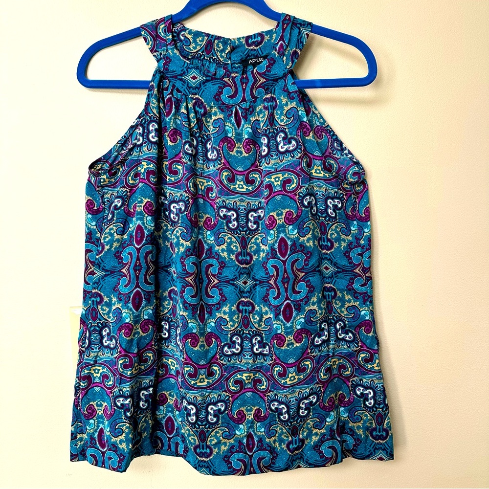 Teal and purple scroll printed sleeveless top size Medium